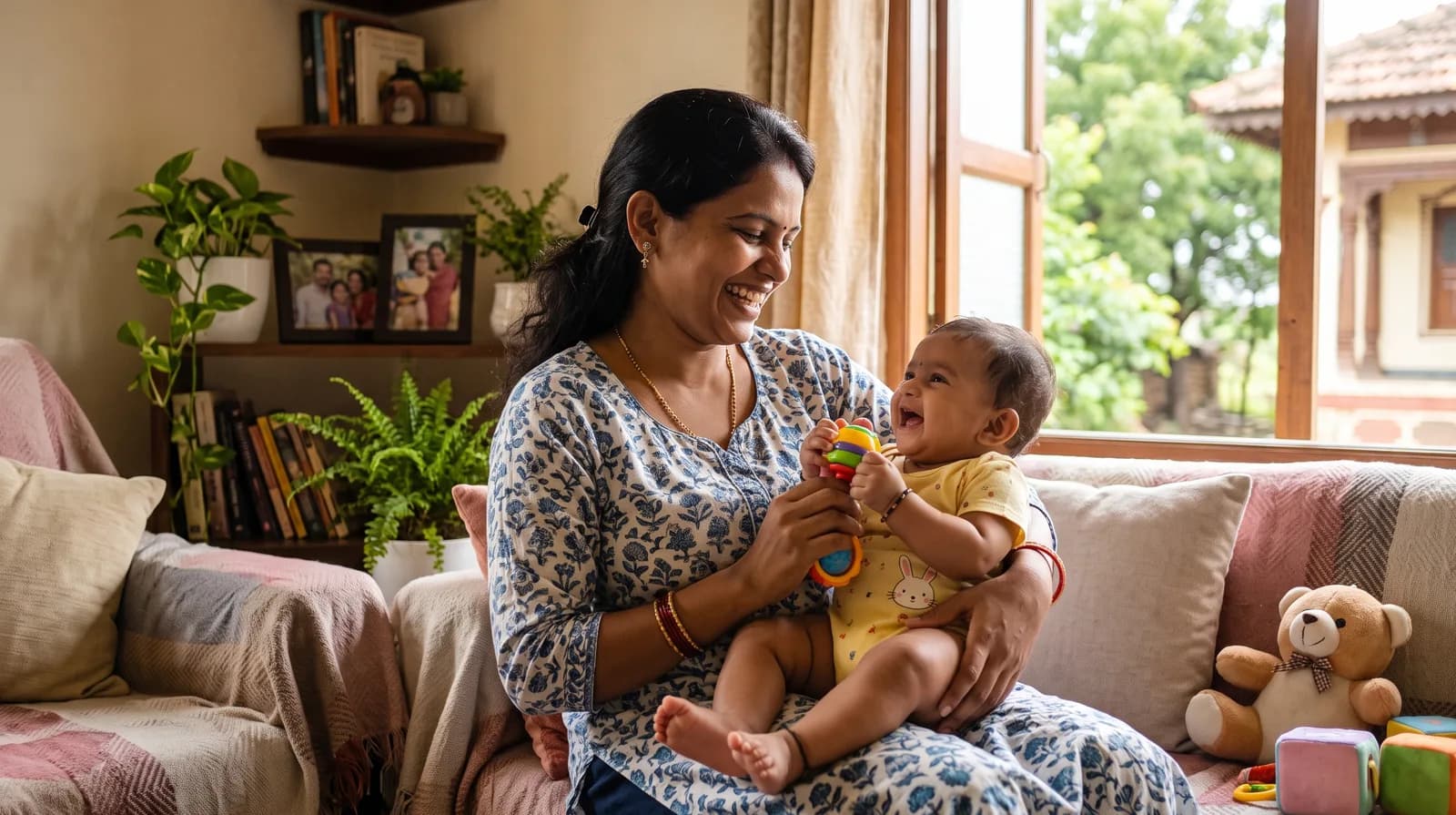 बाळासोबत हसतमुख आणि निवांत वेळ घालवणारी आई