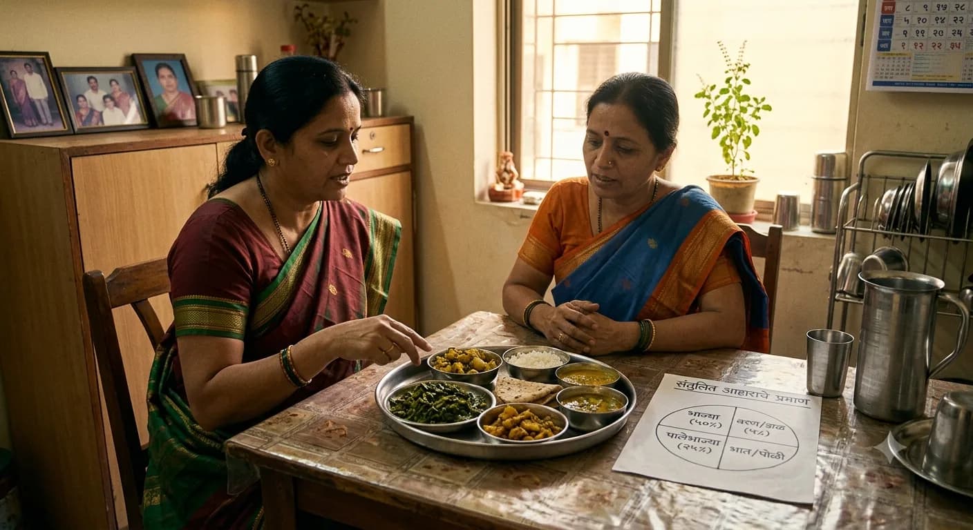 भारतीय थाळीत विविध भाज्यांचं योग्य प्रमाण दर्शवणारी आकृती