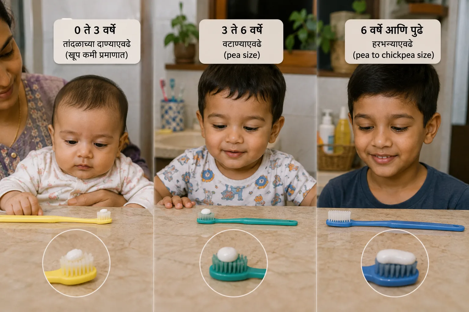 वयानुसार योग्य फ्ल्युओराइड टूथपेस्टचं प्रमाण दर्शवणारी तुलनात्मक आकृती