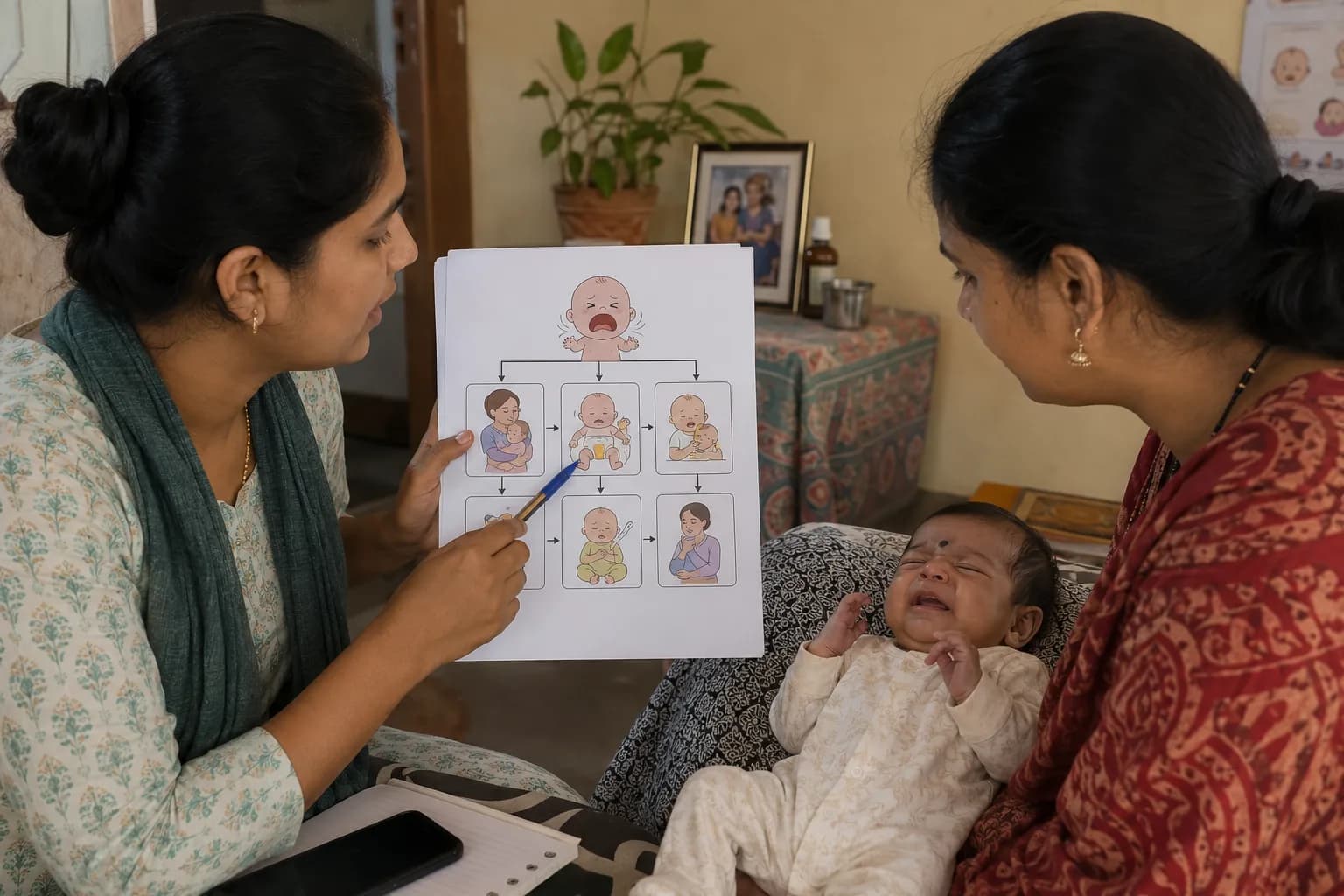 नवजात बाळाच्या रडण्यामागील सामान्य कारणं तपासण्याचा क्रम दर्शवणारी आकृती
