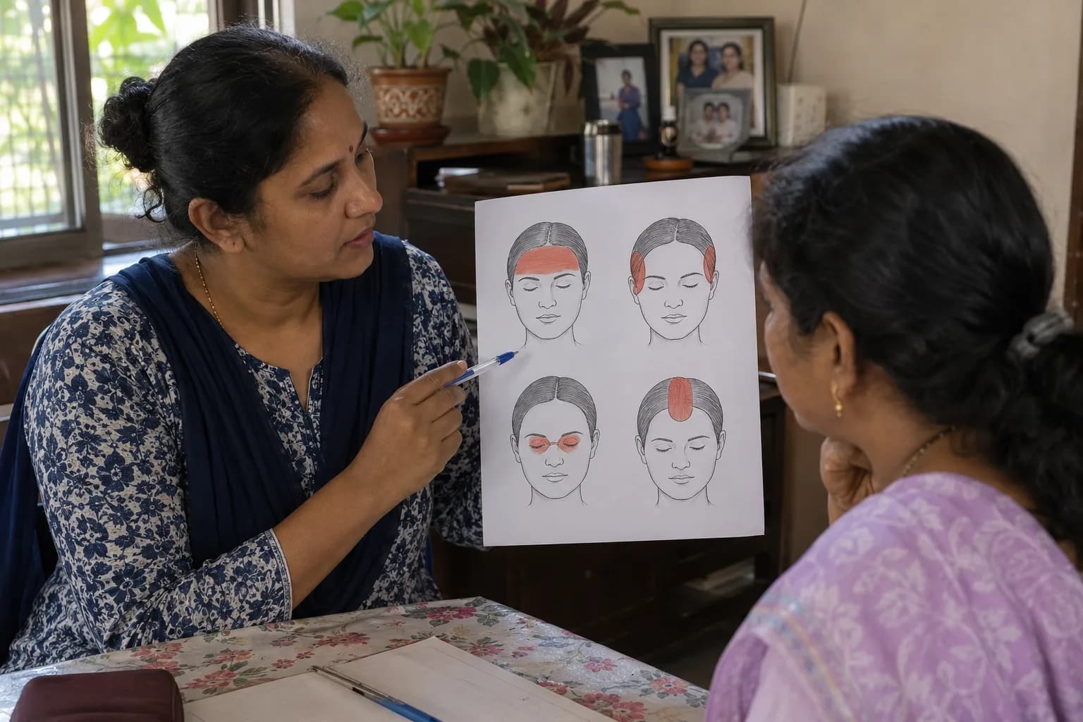 वेगवेगळ्या प्रकारच्या डोकेदुखीचं डोक्यावरील स्थान दर्शवणारी आकृती