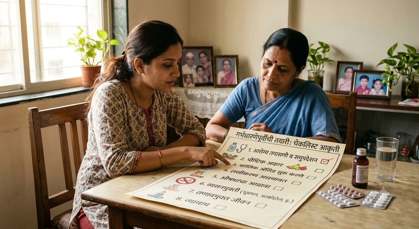 गर्भधारणेपूर्वीच्या तयारीची टप्प्याटप्प्याने यादी दर्शवणारी चेकलिस्ट आकृती