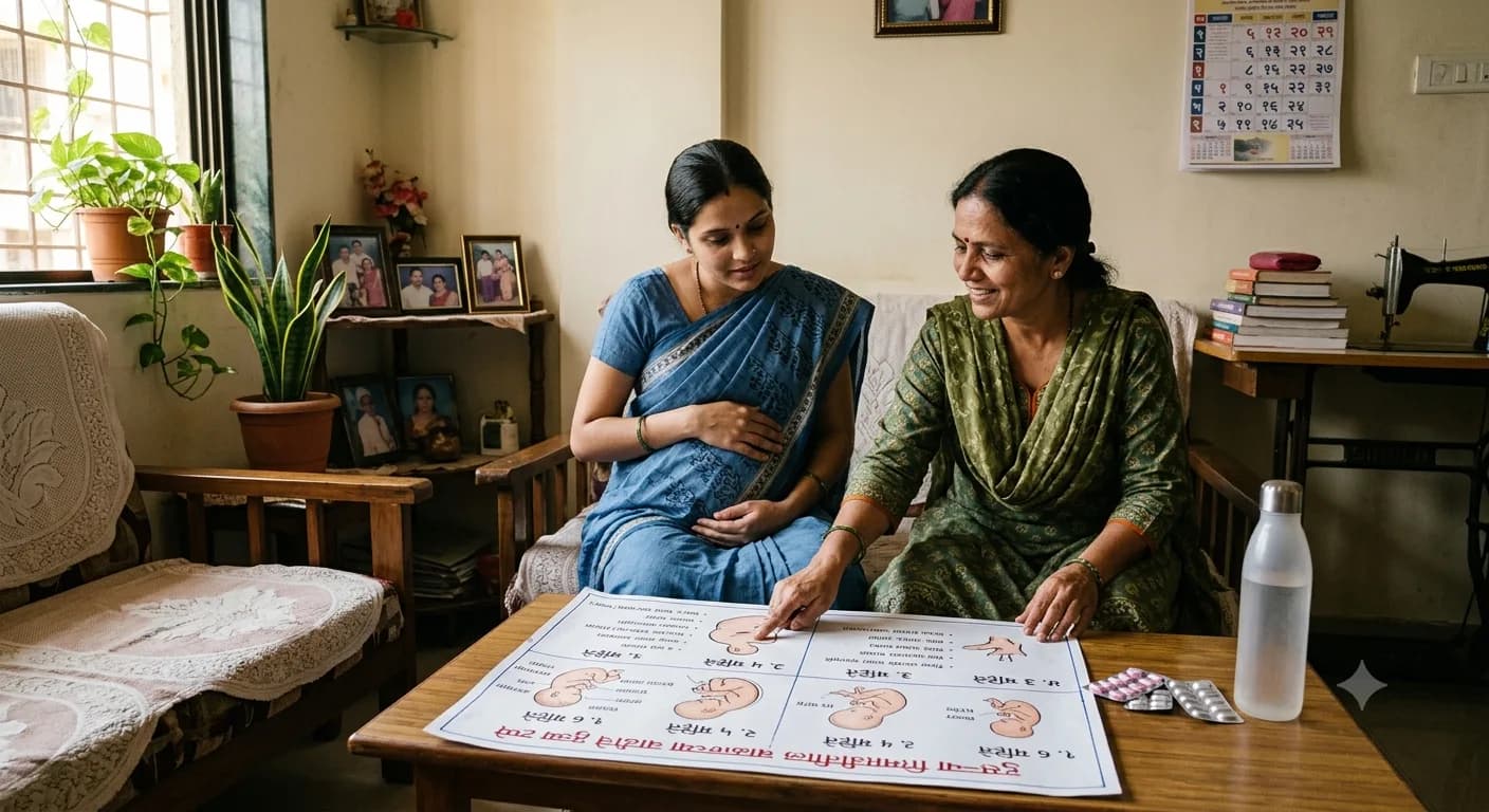 दुसऱ्या तिमाहीतील बाळाच्या वाढीचे मुख्य टप्पे दर्शवणारी आकृती