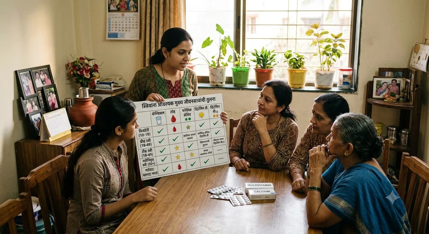 वयोगटानुसार स्त्रियांना आवश्यक असणाऱ्या मुख्य जीवनसत्त्वांची तुलनात्मक आकृती