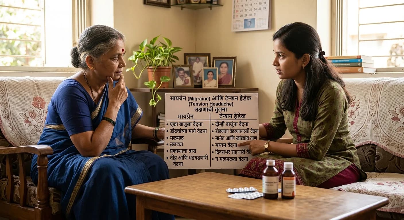 मायग्रेन आणि टेन्शन हेडेकमधील लक्षणांची तुलना दर्शवणारा तक्ता
