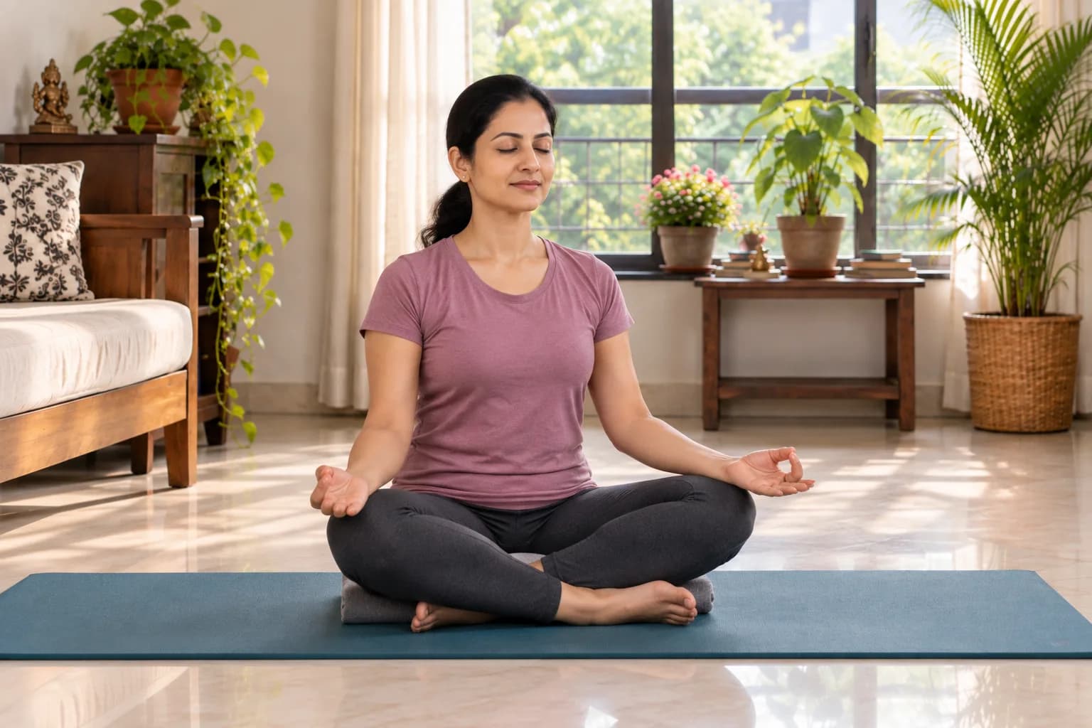 उशीवर मांडी घालून ताठ बसून, हात गुडघ्यांवर ठेवून डोळे मिटून श्वासाचा सराव करणारी स्त्री