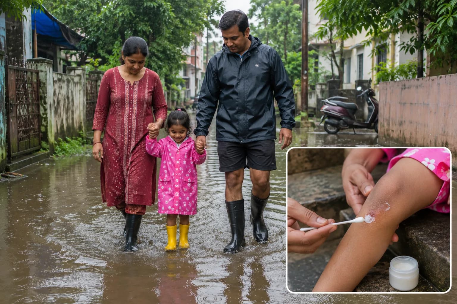पावसाळ्यात साचलेल्या पाण्यातून चालताना योग्य ती काळजी घेणारं कुटुंब — रबरी बूट व जखमेवर मलमपट्टी दर्शवणारं दृश्य