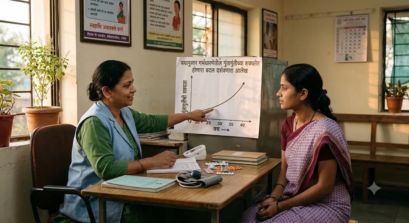 आरोग्य कर्मचारी दवाखान्यात गरोदर स्त्रीला वयानुसार धोक्याचा तक्ता समजावून सांगताना