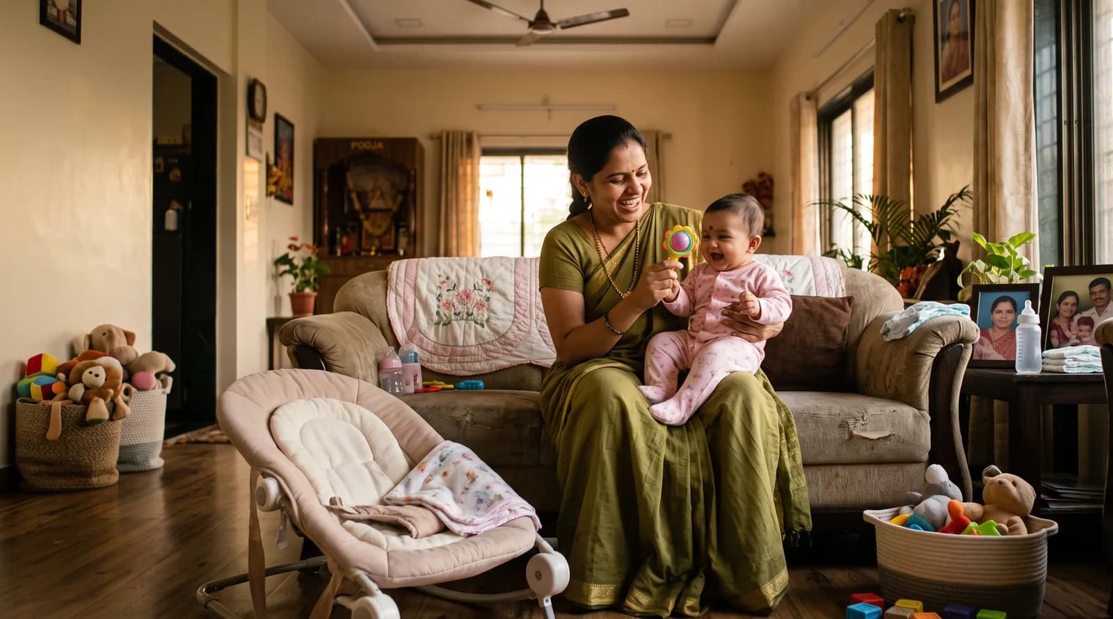 आई बाळाला मांडीवर घेऊन हसतमुखाने खेळवताना, घरातील उबदार वातावरण
