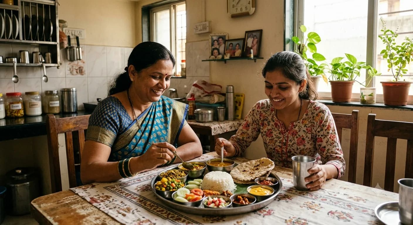 आई आणि मुलगी घरातील स्वयंपाकघरात भाज्या व भाकरीसह थाळी एकत्र जेवताना
