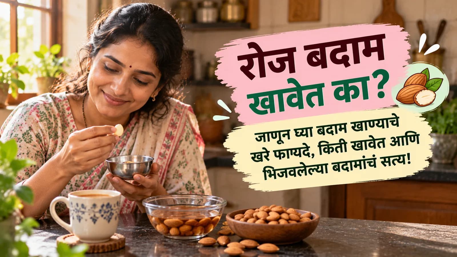 स्वयंपाकघरात हसत स्टीलच्या वाटीतून भिजवलेला सोललेला बदाम खाणारी स्त्री; समोर चहाचा कप, पाण्यात भिजत घातलेले बदाम आणि लाकडी वाडग्यात कच्चे बदाम, बाजूला 'रोज बदाम खावेत का?' असा मजकूर