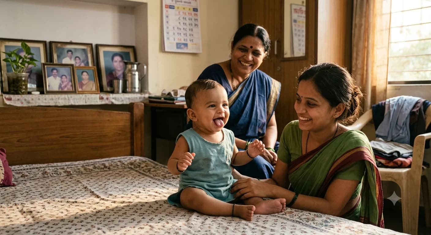 बाळ पलंगावर बसून जीभ बाहेर काढत हसतखेळत आहे, आई व आजी बाजूला हसताना