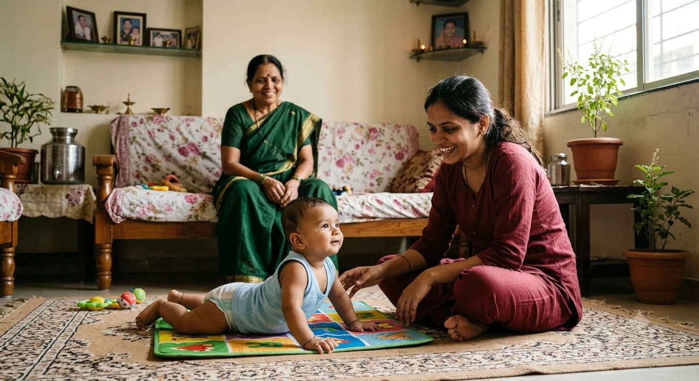 बाळ खेळण्याच्या चटईवर पोटावर झोपून डोकं वर उचलण्याचा प्रयत्न करताना, आई जवळ बसलेली