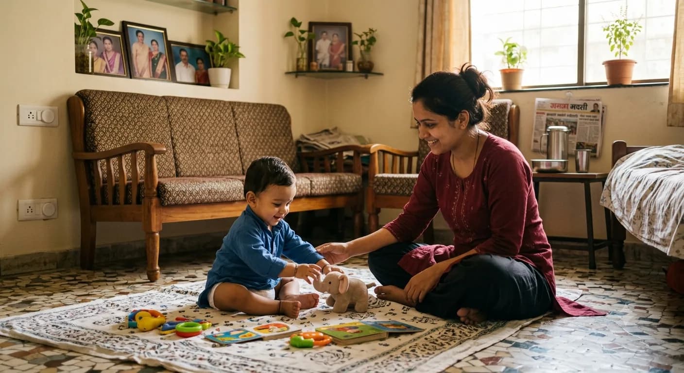 बाळ घरातील गालिच्यावर बसून खेळणी हाताळताना, आई शेजारी बसलेली