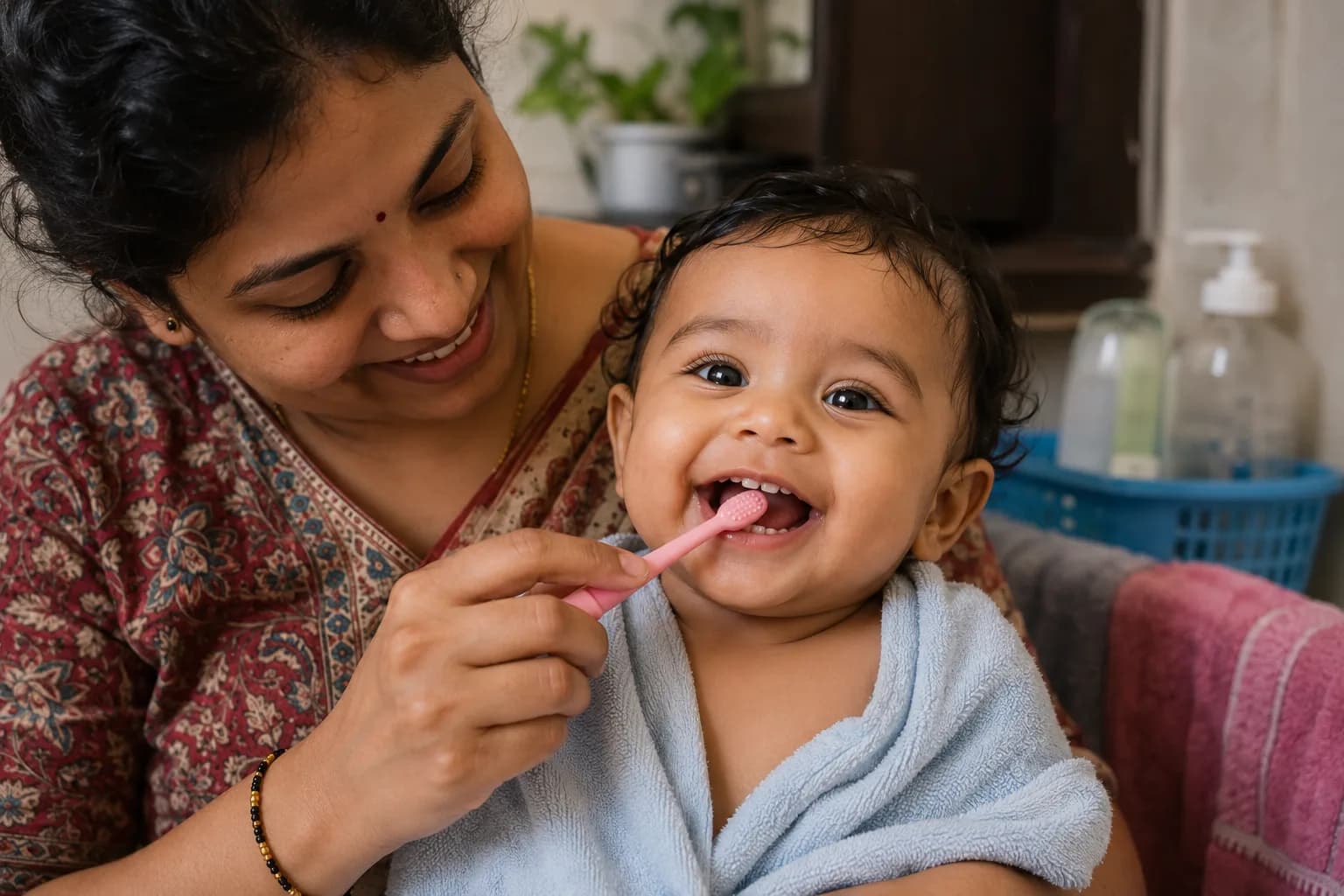 आई बाळाचे पहिले दात हळुवारपणे घासताना, बाळ हसत आहे