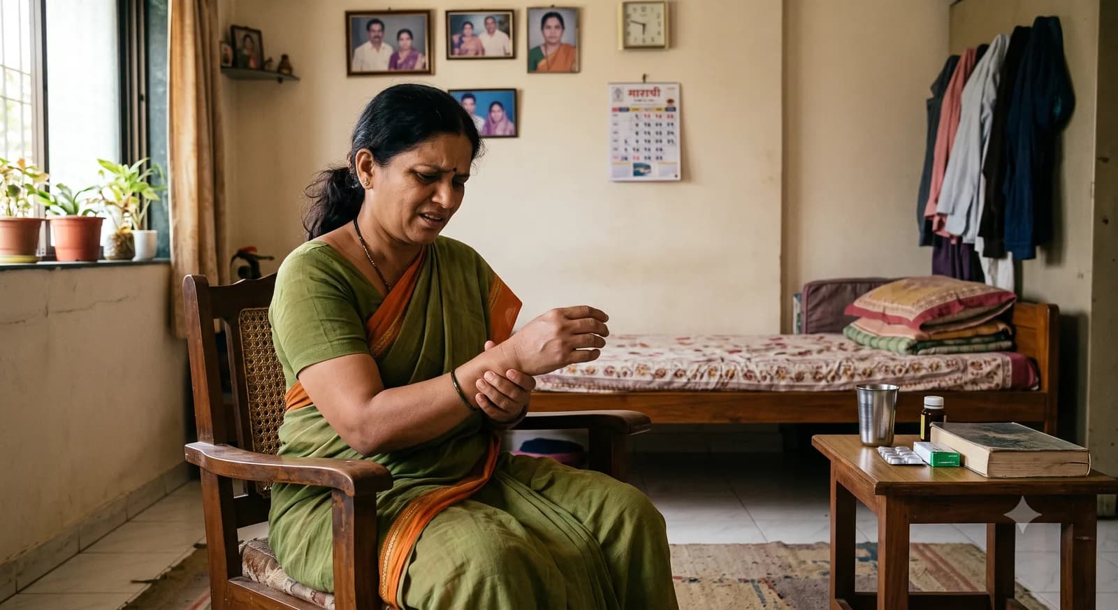 खुर्चीत बसून मनगटातील वेदनेने त्रस्त झालेली स्त्री, शेजारी औषधं व पाण्याचा ग्लास ठेवलेला