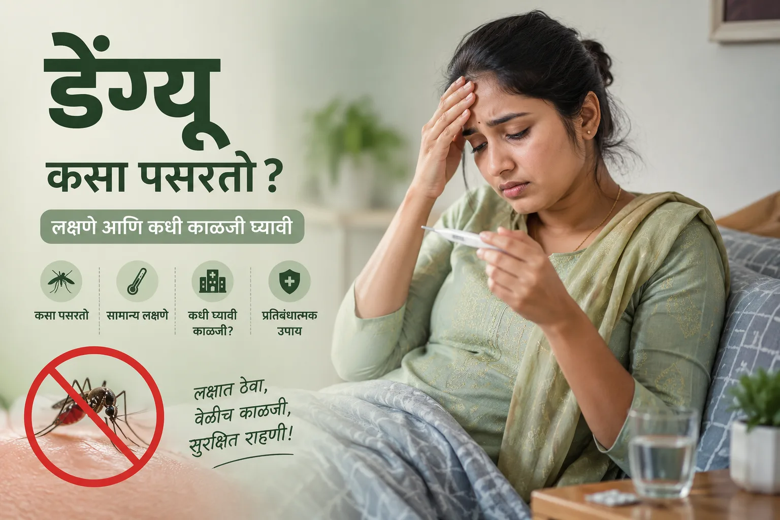 डेंग्यू कसा पसरतो, लक्षणं व बचावाचे उपाय दर्शवणारं मराठी इन्फोग्राफिक, तापमापक धरून कपाळाला हात लावलेली स्त्री