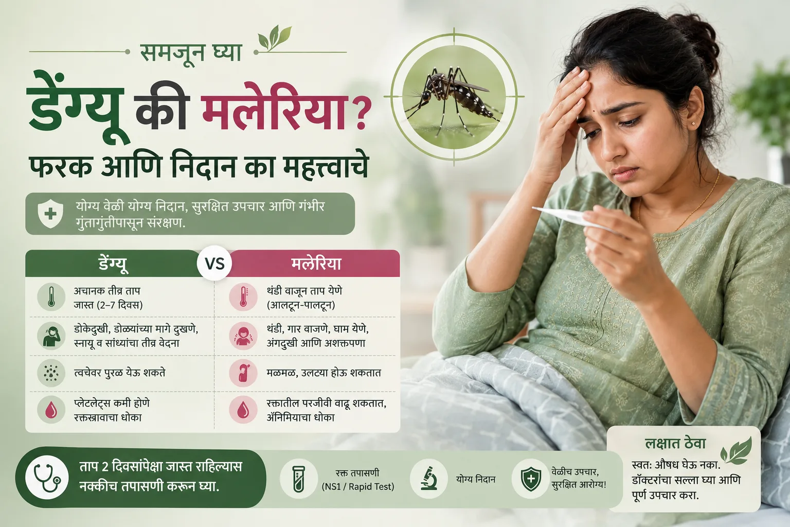 डेंग्यू व मलेरियामधील फरक दर्शवणारं तुलनात्मक मराठी इन्फोग्राफिक, तापमापक तपासणारी अस्वस्थ स्त्री