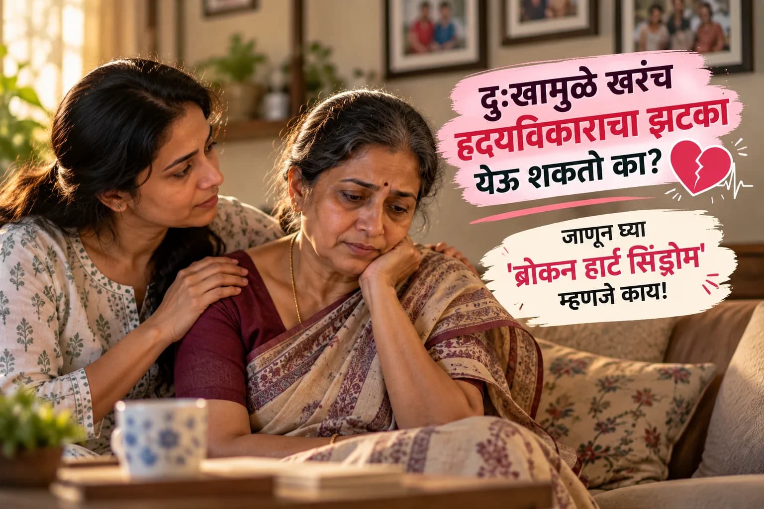 सोफ्यावर दुःखी होऊन बसलेल्या ज्येष्ठ स्त्रीच्या खांद्यावर आधाराचा हात ठेवणारी तिची मुलगी, बाजूला 'ब्रोकन हार्ट सिंड्रोम म्हणजे काय?' असा मजकूर