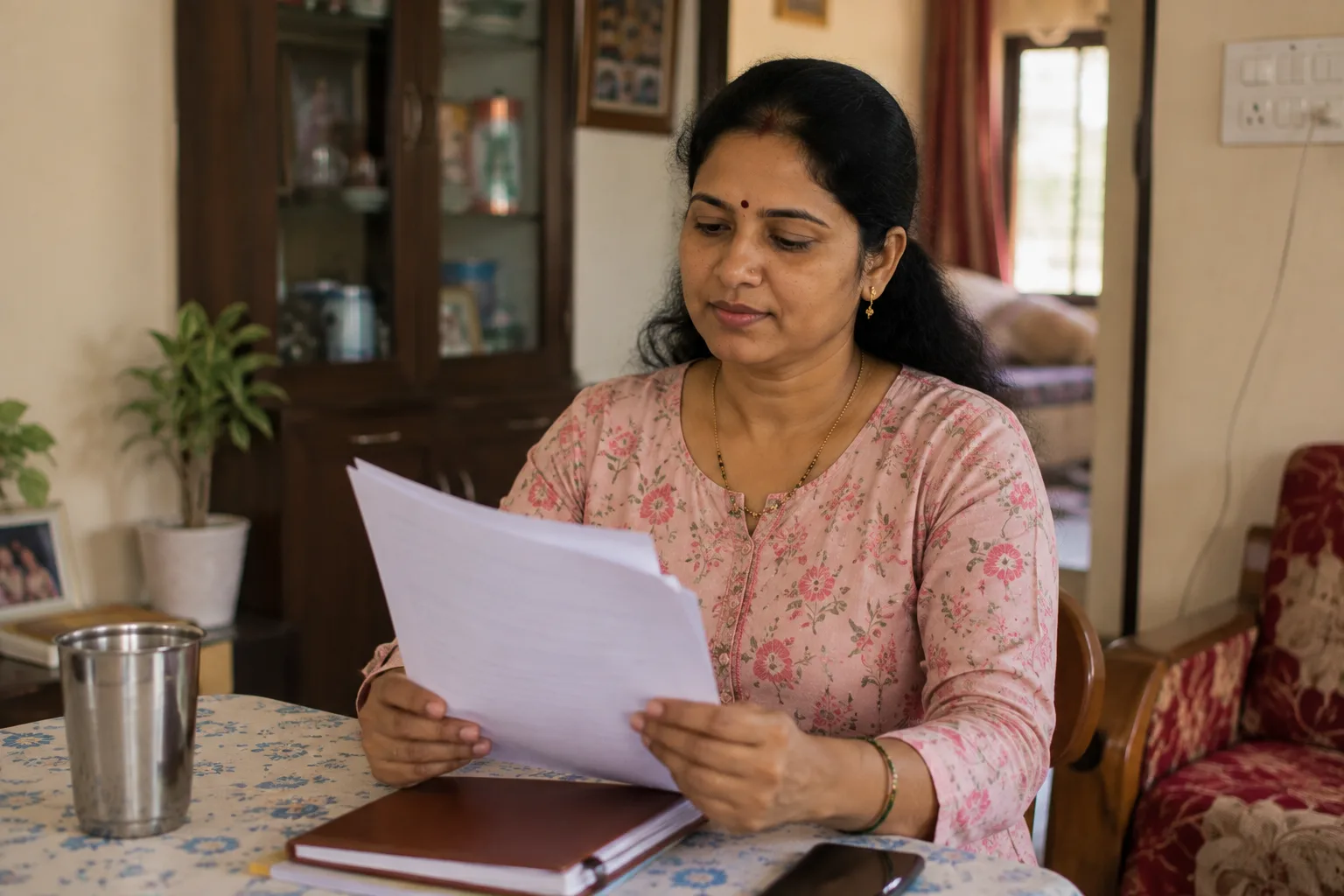 घरी कायदेशीर माहितीपत्रक किंवा कागदपत्रं शांतपणे वाचणारी स्त्री, आत्मविश्वासी भाव