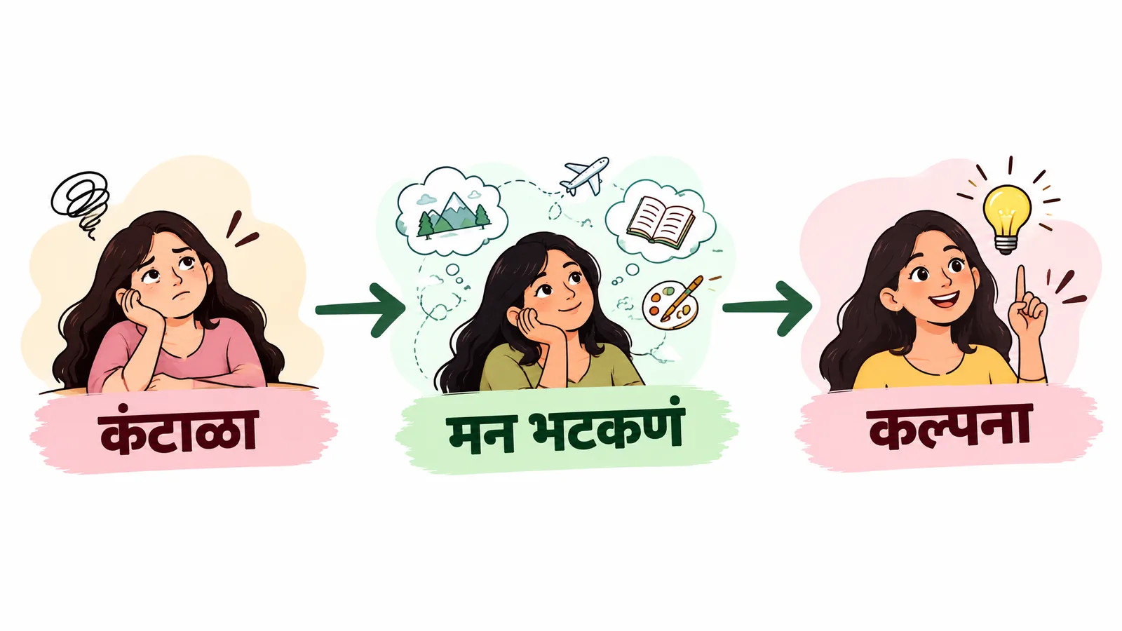 कंटाळा, मन भटकणं आणि कल्पना हे तीन टप्पे दाखवणारी चित्रमालिका — कंटाळलेली मुलगी, डोंगर-विमान-पुस्तकाची स्वप्नं पाहत मन भटकलेली मुलगी, आणि दिवा पेटल्याप्रमाणे कल्पना सुचलेली आनंदी मुलगी