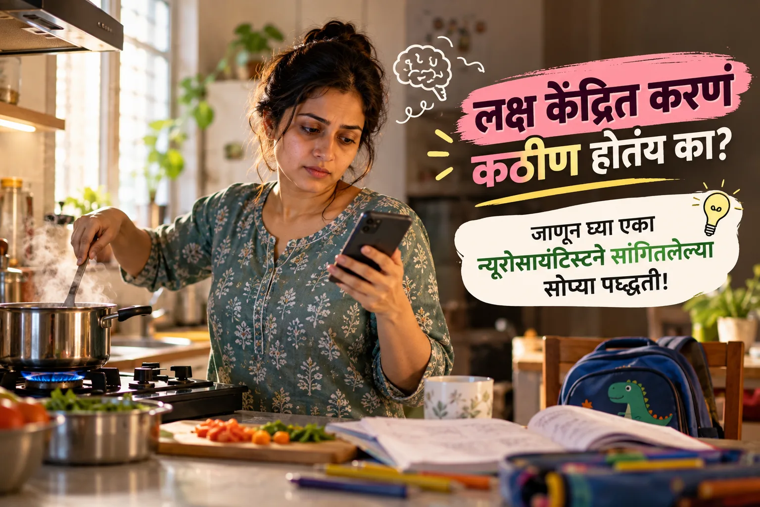 स्वयंपाकघरात गॅसवर भांड्यात ढवळताना हातातल्या फोनकडे बघणारी स्त्री, समोर मुलाची वही आणि दप्तर, बाजूला 'लक्ष केंद्रित करणं कठीण होतंय का?' असा मजकूर