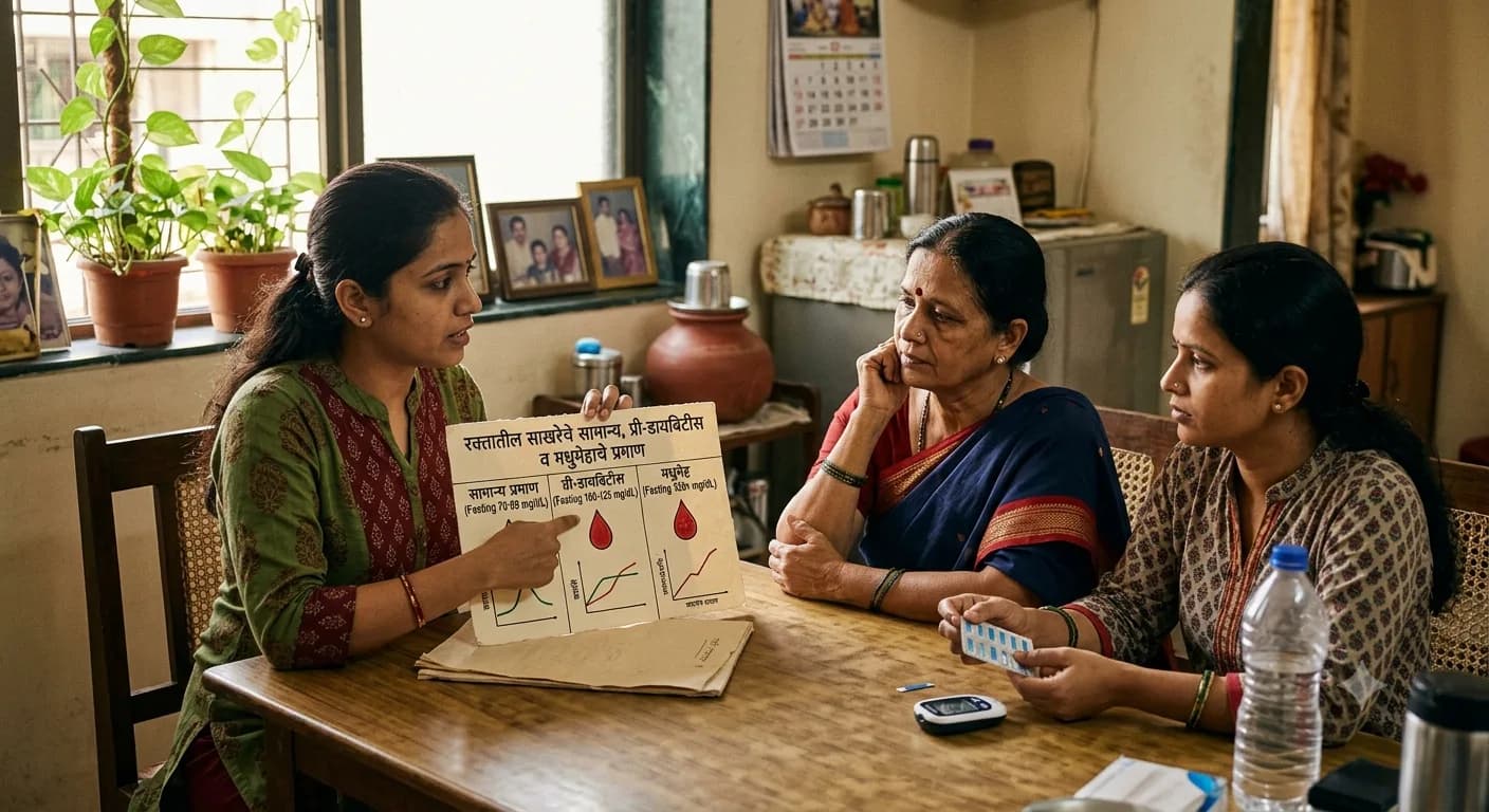 रक्तातील साखरेचे सामान्य, प्री-डायबिटीस व मधुमेहाचे प्रमाण दर्शवणारा तक्ता