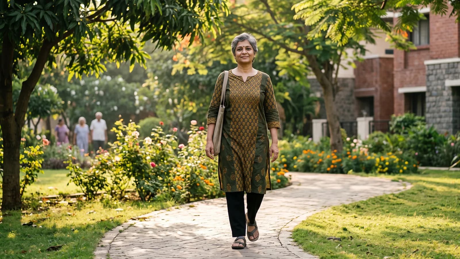 मध्यमवयीन स्त्री सकाळी बागेत किंवा घराबाहेर शांतपणे चालताना, प्रसन्न भाव