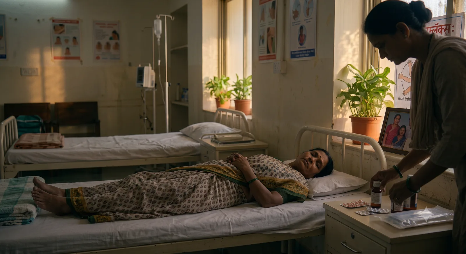 शांत, कमी उजेडाच्या खोलीत विश्रांती घेणारी स्त्री