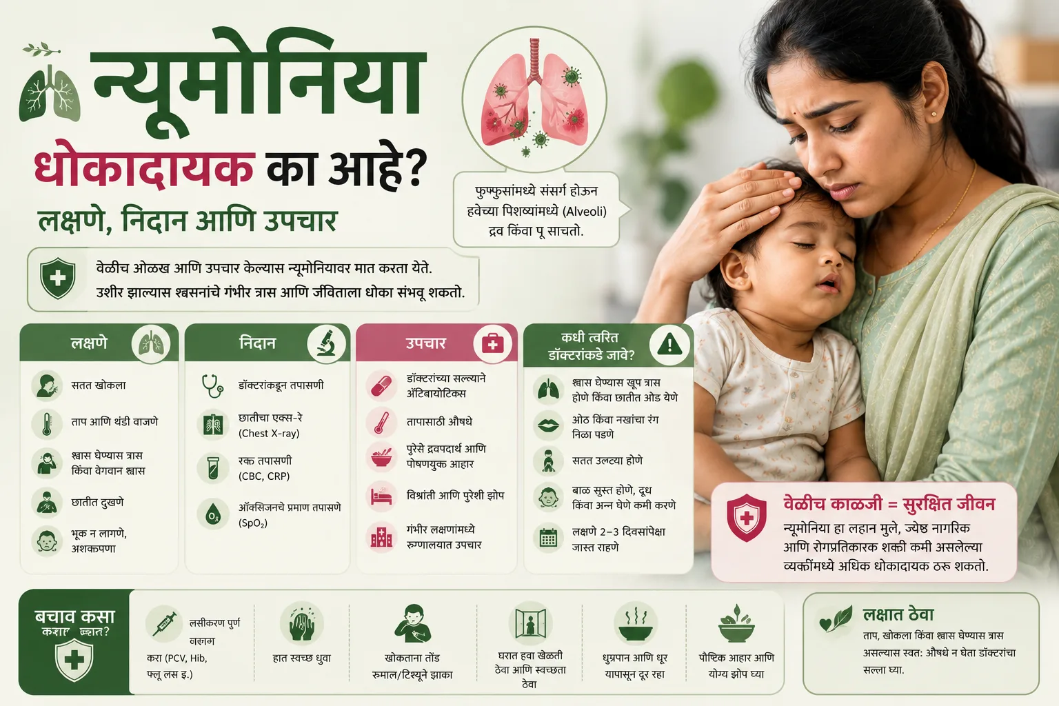 न्यूमोनियाची लक्षणं, निदान, उपचार व डॉक्टरांना कधी भेटावं हे दर्शवणारं मराठी इन्फोग्राफिक, आजारी मुलाला जवळ घेतलेली काळजीत आई