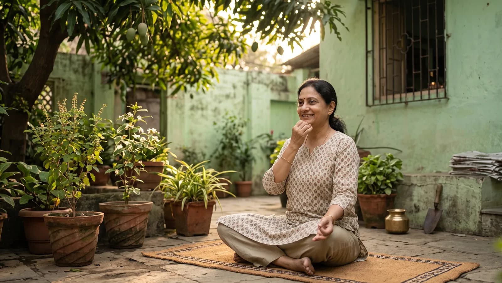 घरी किंवा बागेत हलका व्यायाम (चालणे/योगासन) करणारी आत्मविश्वासी स्त्री