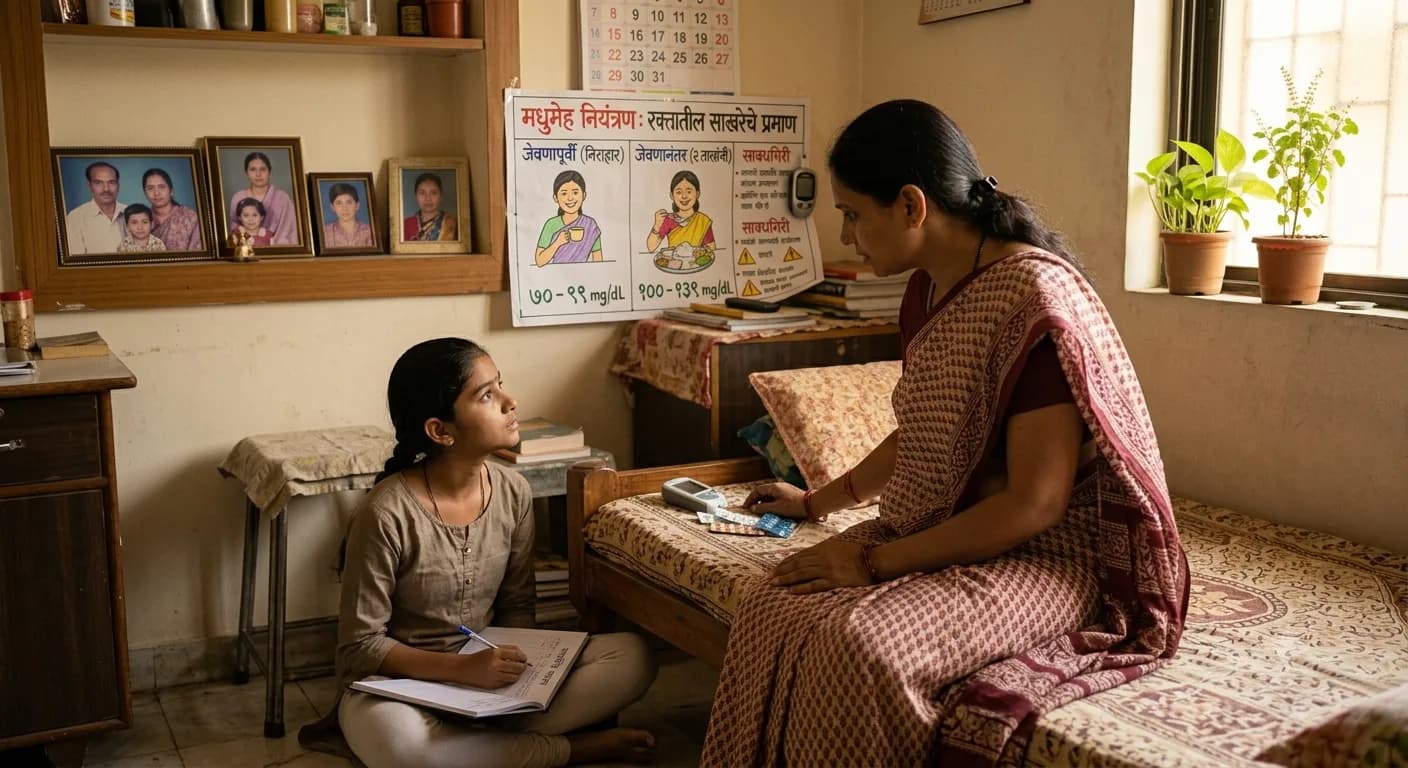 जेवणापूर्वी व जेवणानंतर रक्तातील साखरेचं अपेक्षित प्रमाण दर्शवणारा तक्ता
