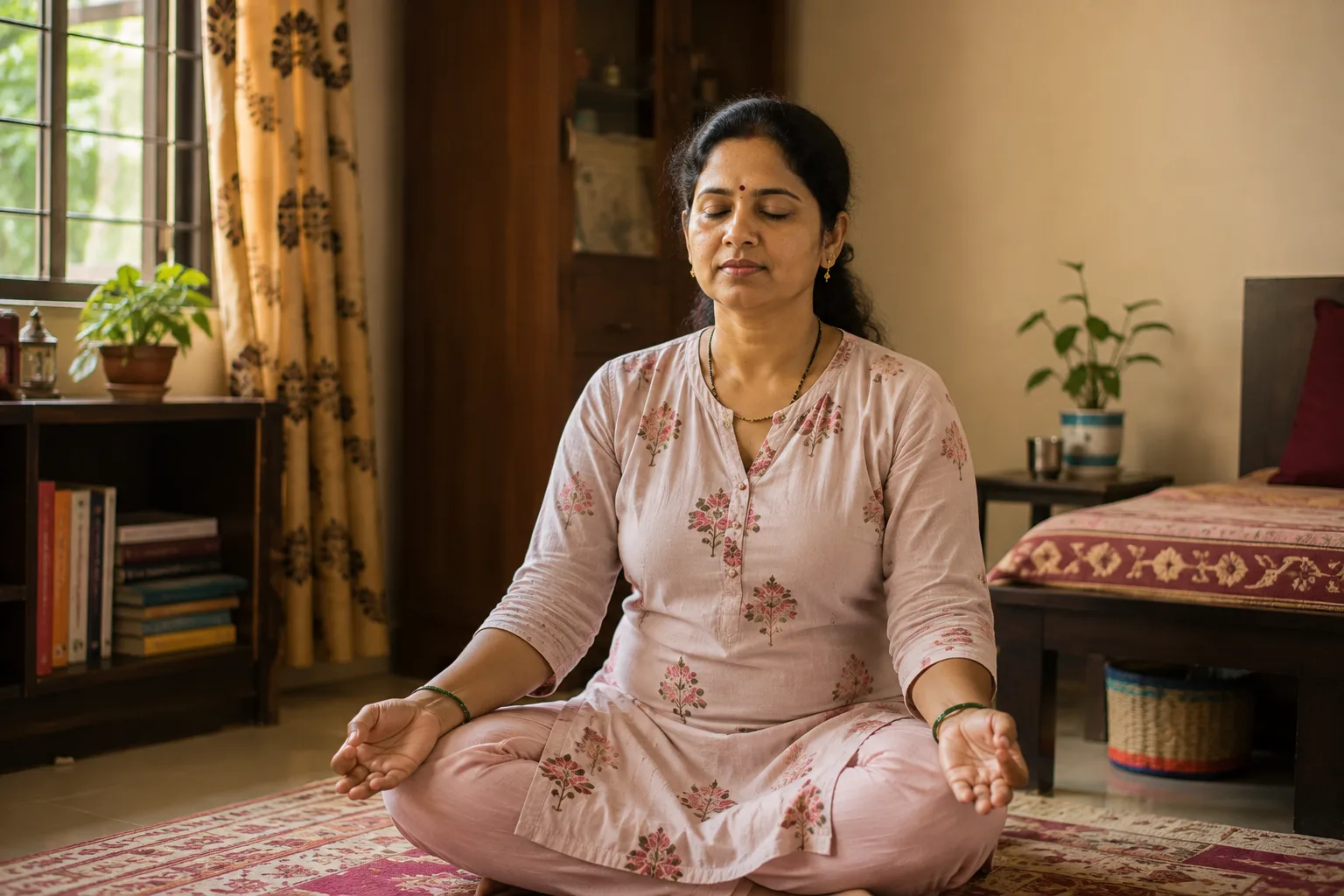 शांत खोलीत डोळ्यांवर हात ठेवून किंवा शांतपणे बसून श्वासावर लक्ष केंद्रित करणारी स्त्री