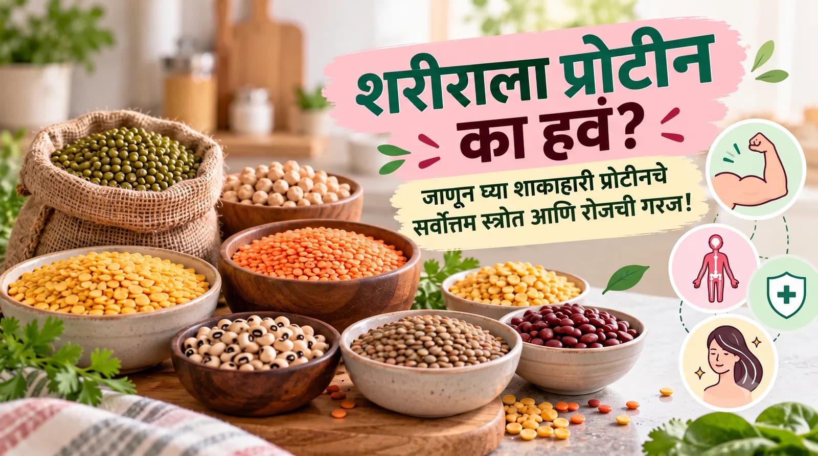 स्वयंपाकघरातील टेबलावर वाडग्यांमध्ये मांडलेल्या मूग डाळ, मसूर डाळ, चणा डाळ, काबुली चणे, चवळी, राजमा व इतर कडधान्ये आणि पोत्यात अख्खे मूग; बाजूला 'शरीराला प्रोटीन का हवं?' असा मजकूर