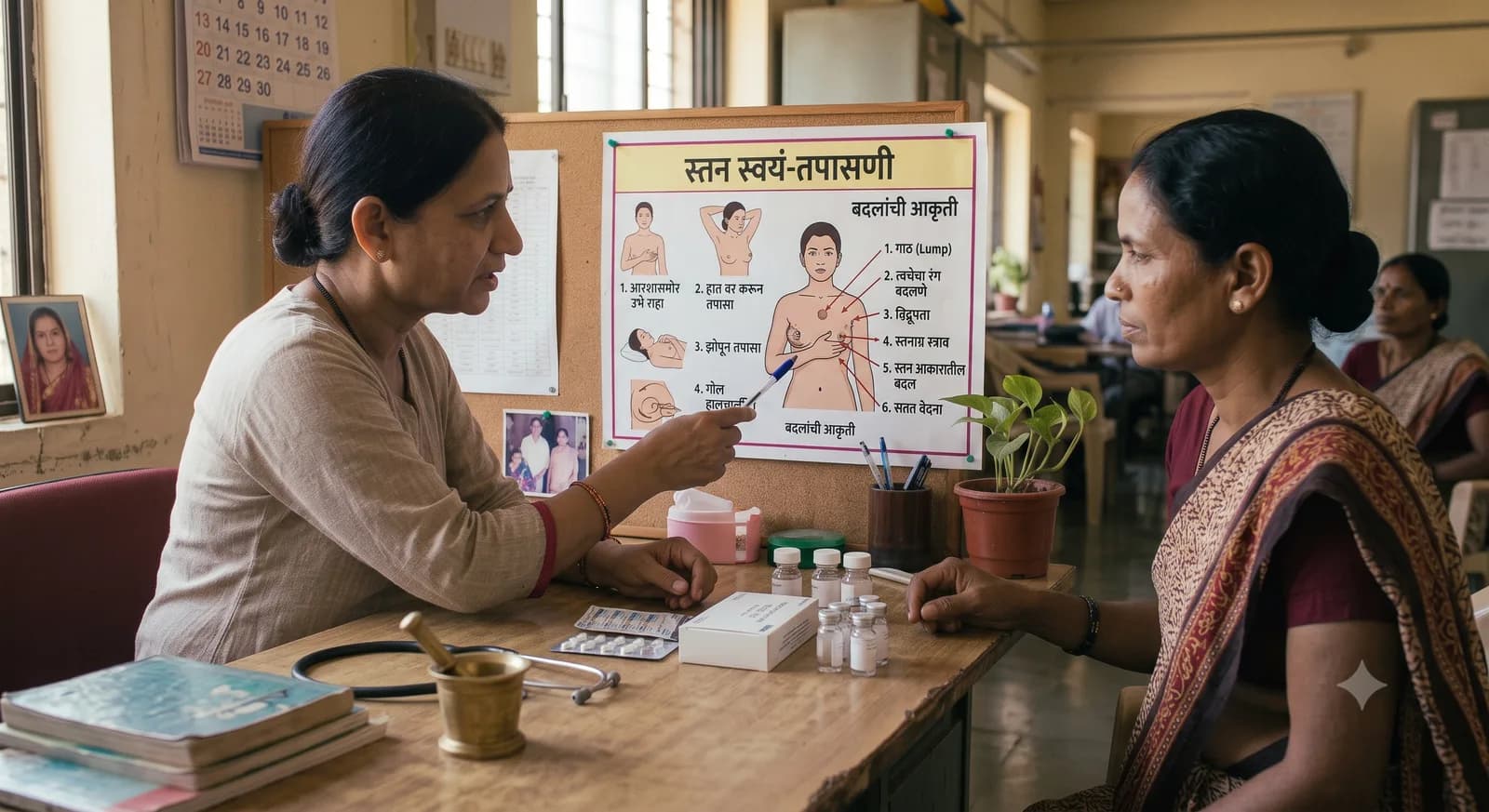 स्तन स्वयं-तपासणीचे टप्पे व लक्ष द्यायच्या बदलांची आकृती