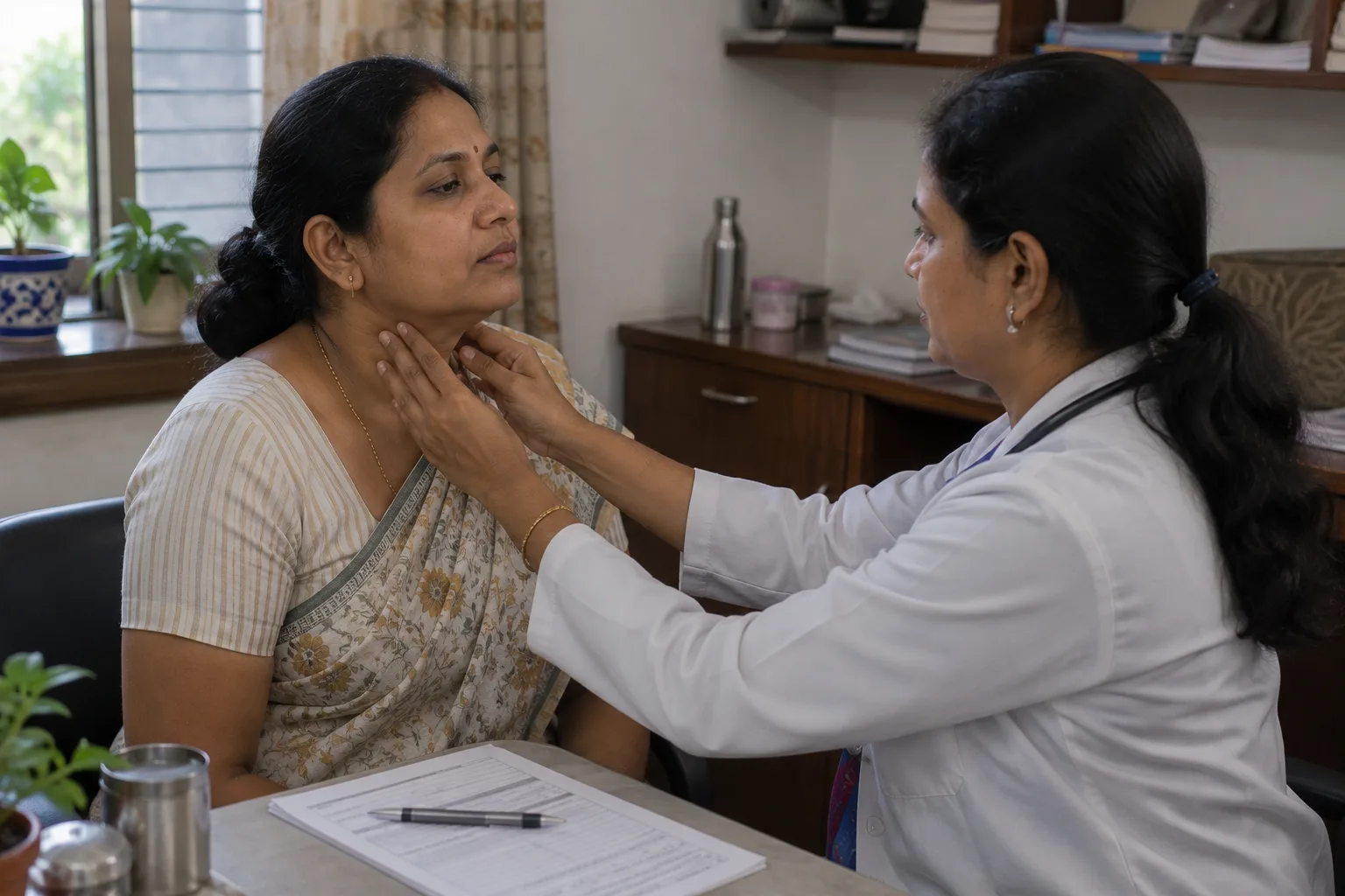 क्लिनिकमध्ये डॉक्टर मध्यमवयीन स्त्री रुग्णाच्या गळ्याची दोन्ही हातांनी शारीरिक तपासणी करताना