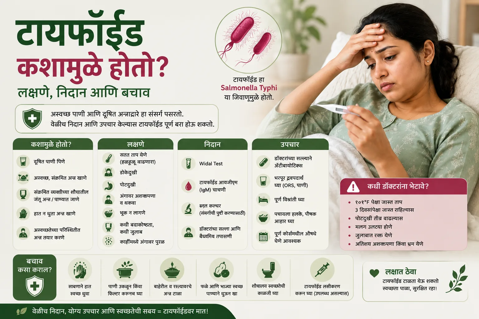 टायफॉईडची कारणं, लक्षणं, निदान व उपचार दर्शवणारं मराठी इन्फोग्राफिक, तापमापक धरून बसलेली अस्वस्थ स्त्री